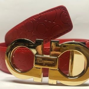 Authentic Salvatore Ferragamo Red embossed Leather Belt Gold buckle